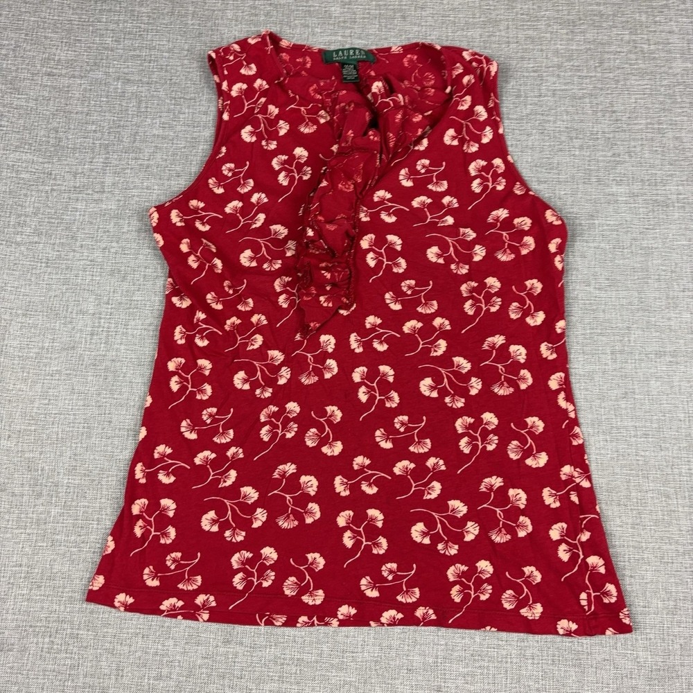 Lauren Ralph Lauren Tank Womens M Red Floral V-Neck Ruffle Jersey Lightweight